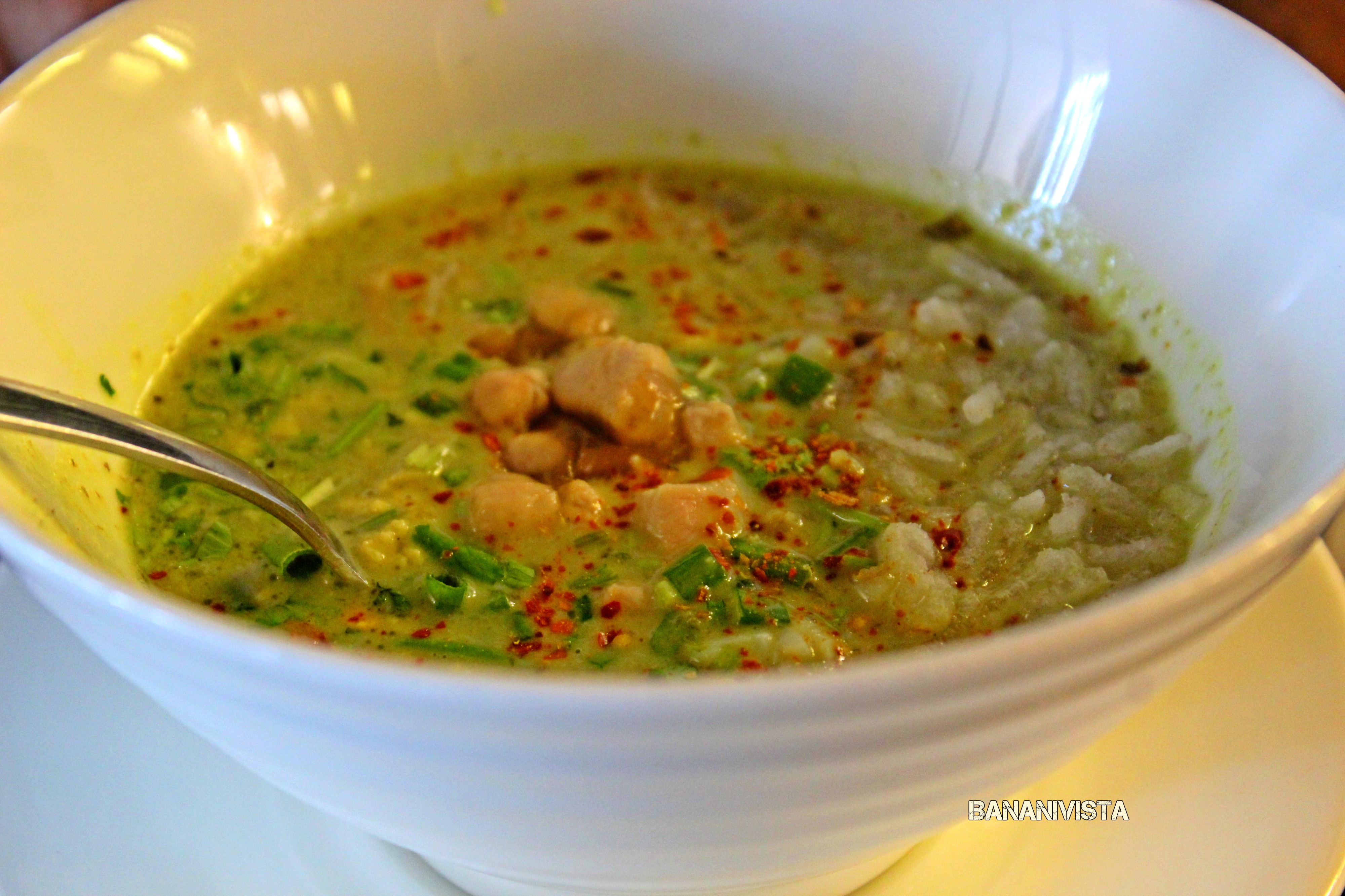 The Khow Suey Soup: a mix of rice, egg yolk and egg white, chicken chunks, coriander, decorated with coriander.