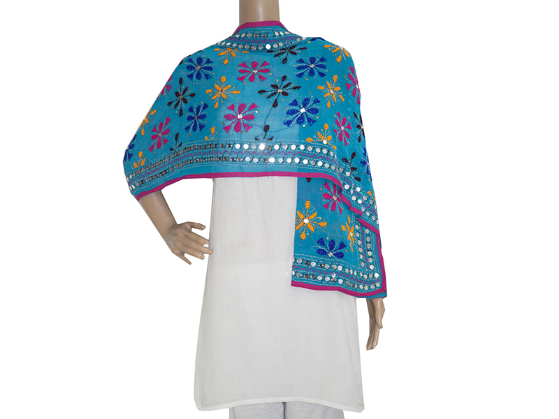 A dupatta with Chammaas work, where mirrors are sewn into the pattern