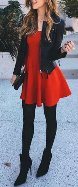 Stunning red dress with a dazzling leather jacket